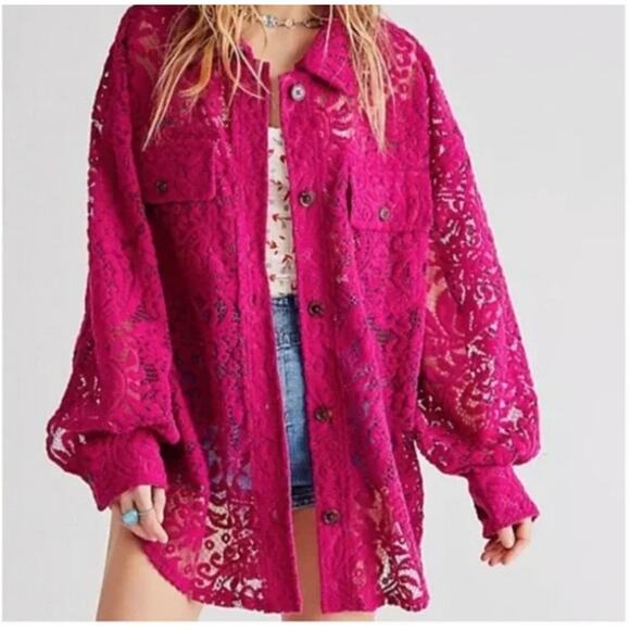 We The Free Tops - We The Free Ruby Lace Raspberry Shacket Jacket Button Up Oversized Size L